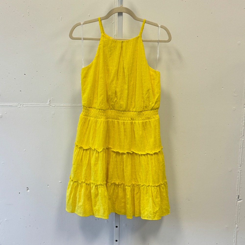 A. Byer Yellow Swiss Dot Halter‎ Mini Dress Smocked Waist Tiered Skirt Medium